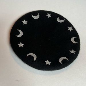 Black Wool Moon and Stars Beret Style Hat